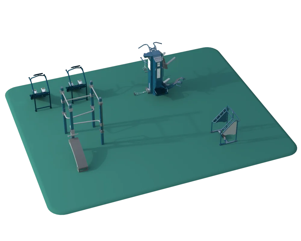  System  Low Pulley System  Chin-Up Bar with Assist Mechanism  Dip Bar with Assist Mechanism  Plyo Box  Back Extension  Vertical Knee Raise  Calf Raise Step  Rubber Roller  Incline Ladder  Handle Bars  Back Bar  Top Bar  Stair Climber  Pull-Up Bar  Sit-Up Bench  Band Stretching Post  Parallel Bar  ADA Height Straight Pull-Up Ba