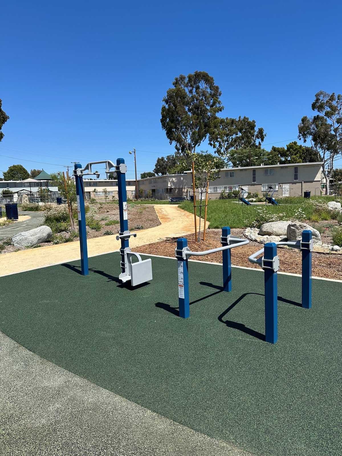 Outdoor calisthenics equipment installed in a public park fitness area